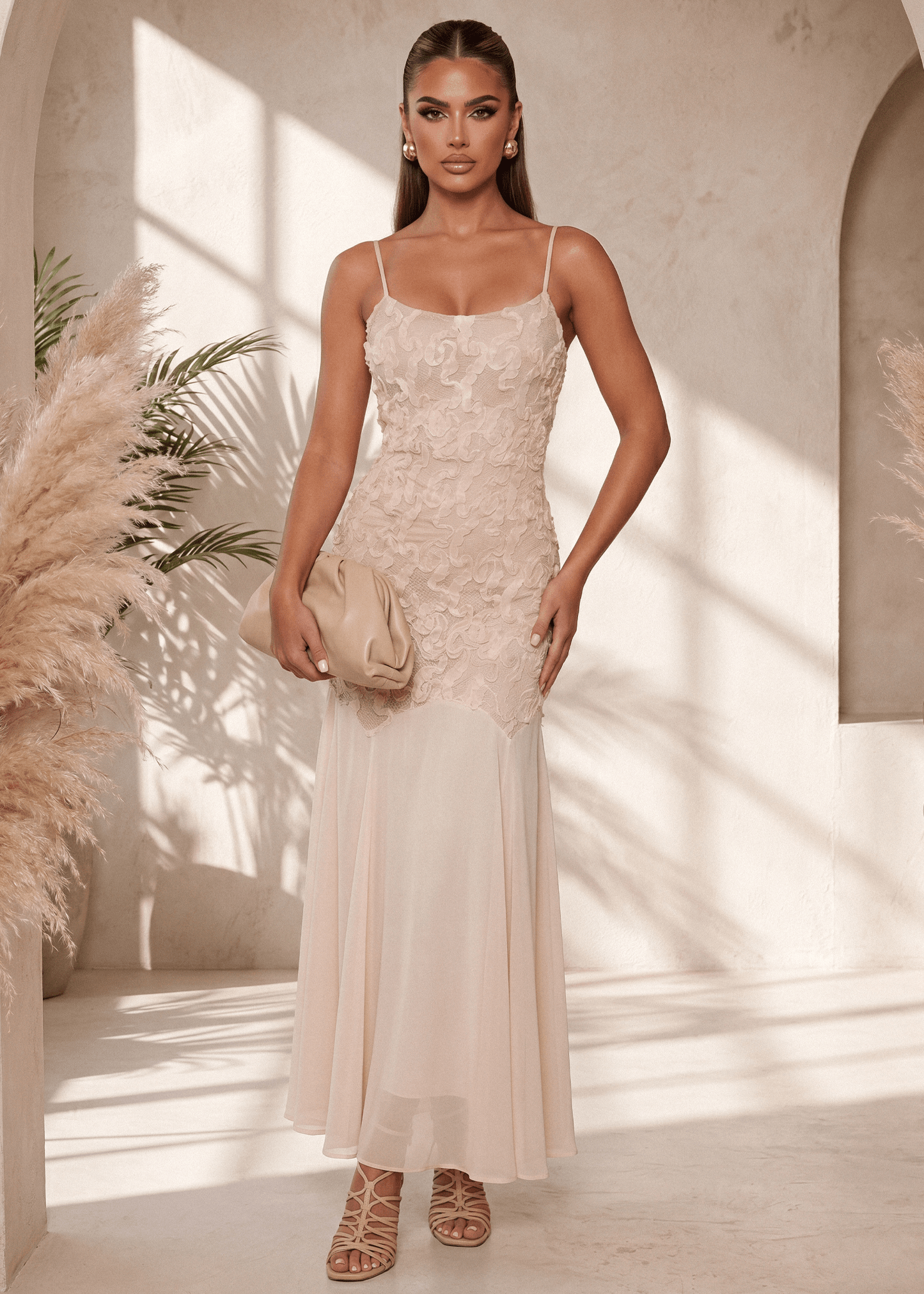 Forever Begins 3D Flower Maxi Dress - Beige