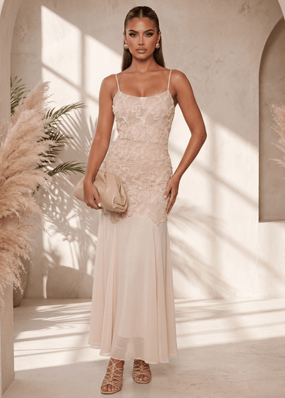 Forever Begins 3D Flower Maxi Dress - Beige