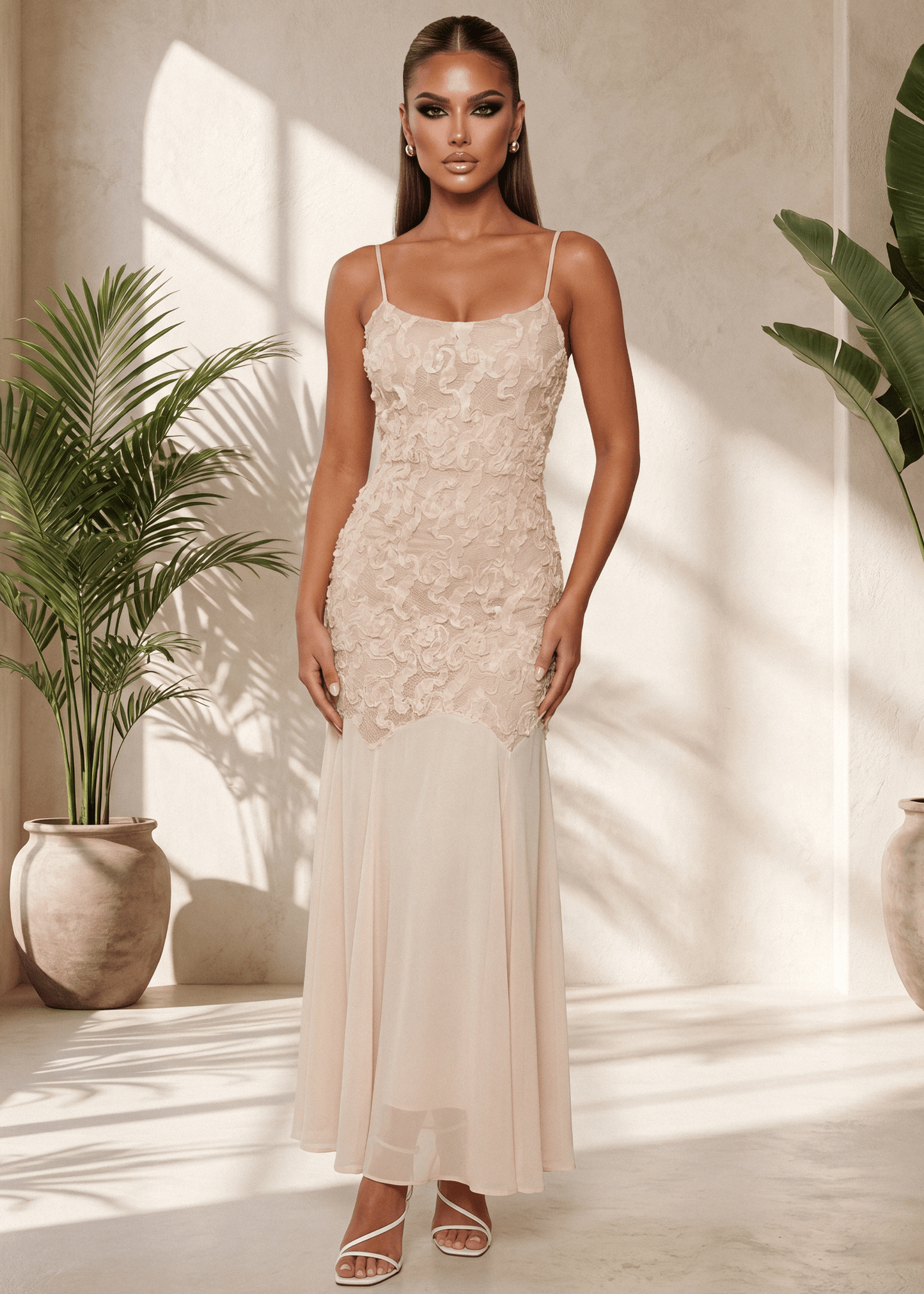 Forever Begins 3D Flower Maxi Dress - Beige