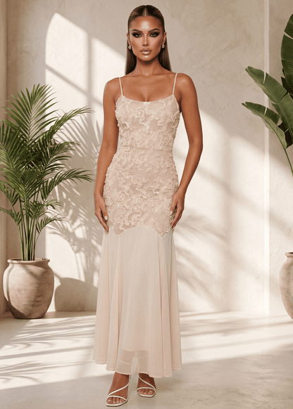 Forever Begins 3D Flower Maxi Dress - Beige