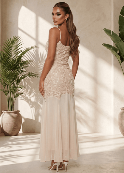 Forever Begins 3D Flower Maxi Dress - Beige