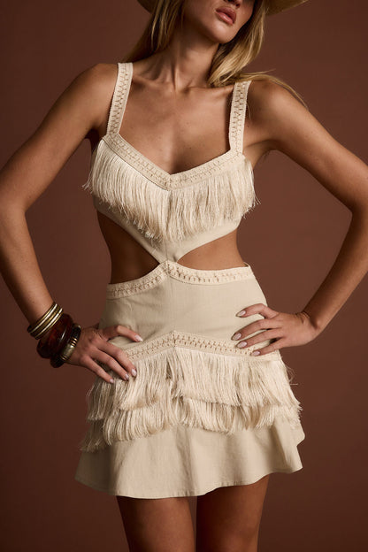 Haven Ivory Fringe Cutout Mini Dress