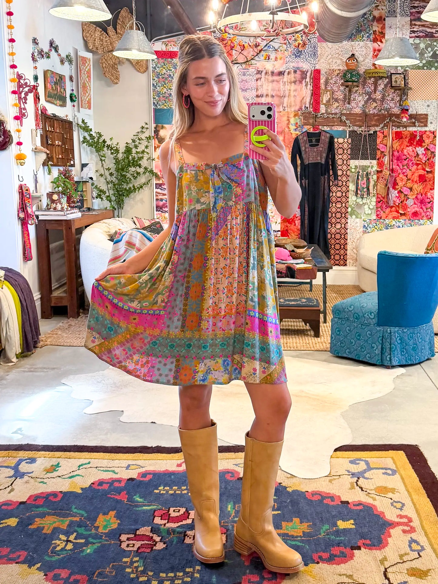 Patti Tie-Front Mini Dress - Folk Flower Patchwork