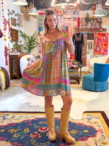 Patti Tie-Front Mini Dress - Folk Flower Patchwork