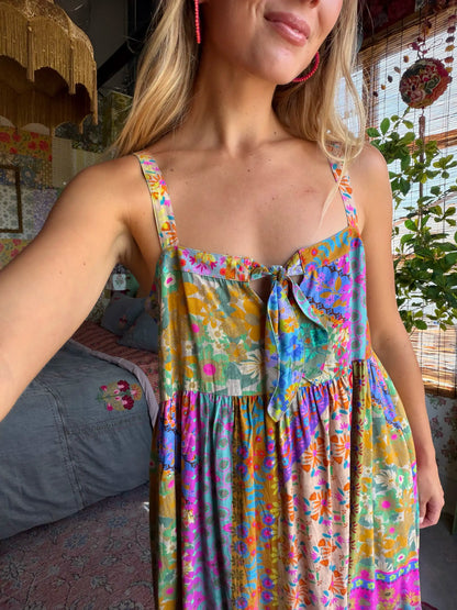 Patti Tie-Front Mini Dress - Folk Flower Patchwork