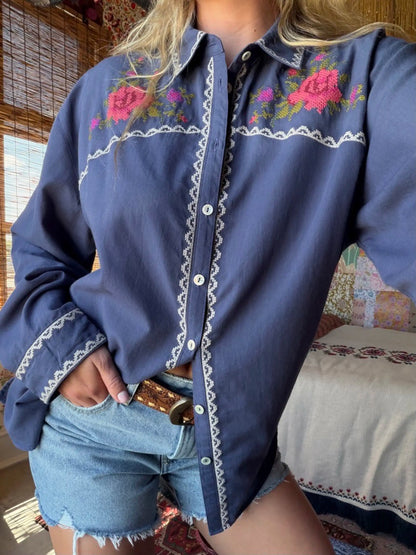Round Top Embroidered Button Down - Indigo