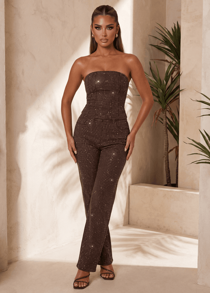 Inner Sparkle Diamante Embellished Denim Top - Brown