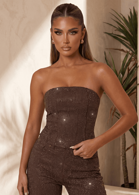 Inner Sparkle Diamante Embellished Denim Top - Brown