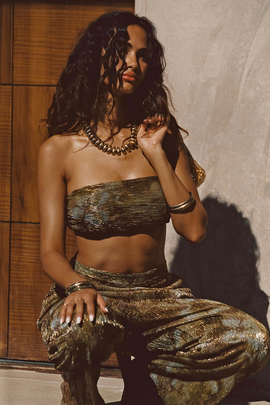 Kaia Moss Metallic Floral Strapless Top