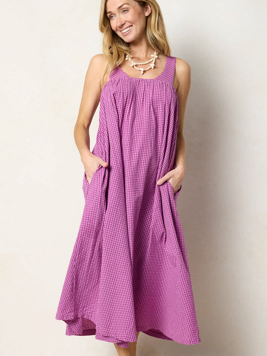 Charleston Cotton Maxi Dress - Purple Gingham