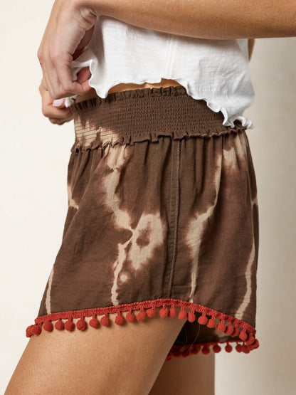 Cotton Pom Pom Shorts - Brown Cream Tie-Dye