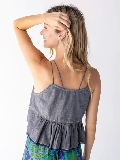 Erin Embroidered Cotton Top - Navy Denim