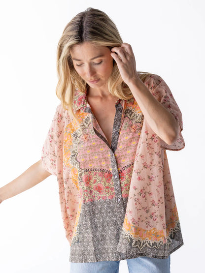 Kelly Oversized Cotton Button Down - Pink Frames