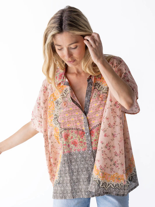 Kelly Oversized Cotton Button Down - Pink Frames