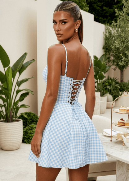 Meadow Muse Corset Gingham Mini Dress - Blue