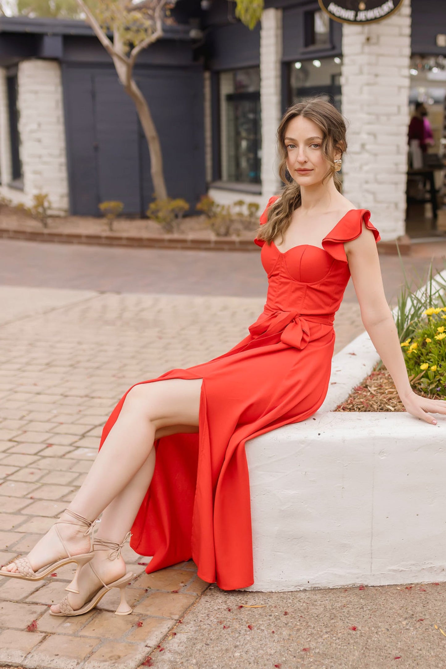 Lizette Flutter Sleeve Waist Tie Maxi Dress Red
