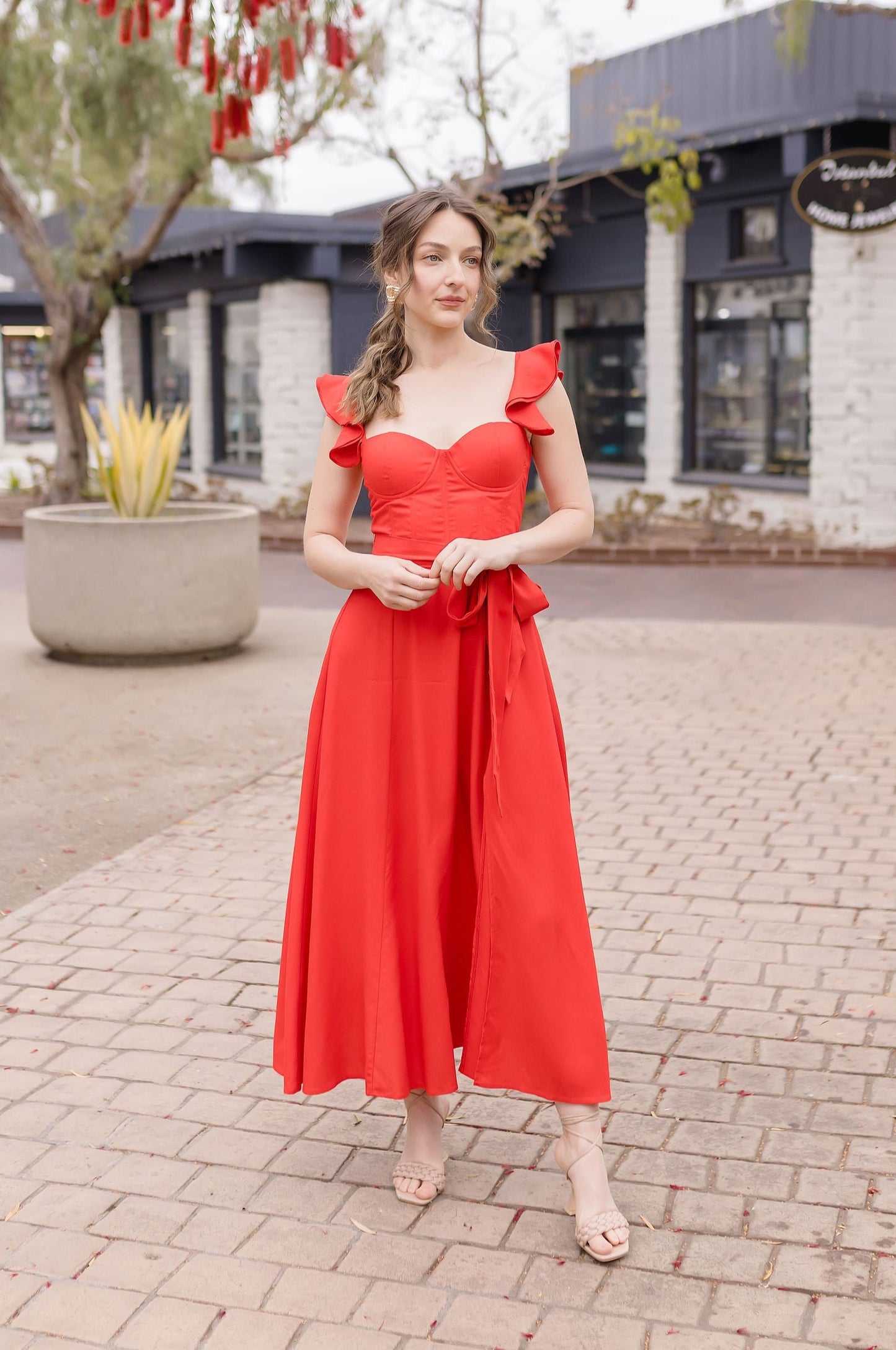 Lizette Flutter Sleeve Waist Tie Maxi Dress Red