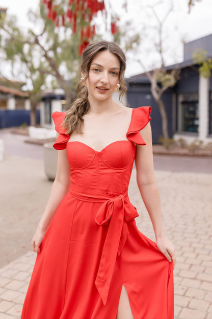 Lizette Flutter Sleeve Waist Tie Maxi Dress Red