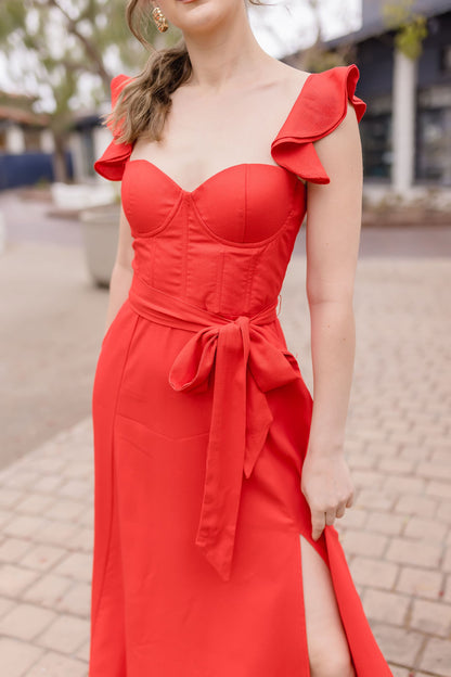 Lizette Flutter Sleeve Waist Tie Maxi Dress Red