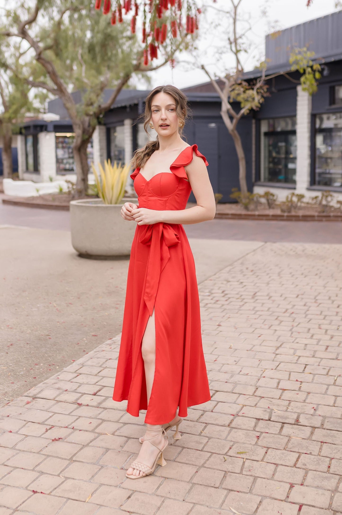 Lizette Flutter Sleeve Waist Tie Maxi Dress Red