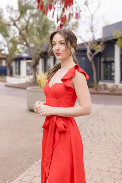 Lizette Flutter Sleeve Waist Tie Maxi Dress Red
