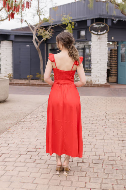 Lizette Flutter Sleeve Waist Tie Maxi Dress Red