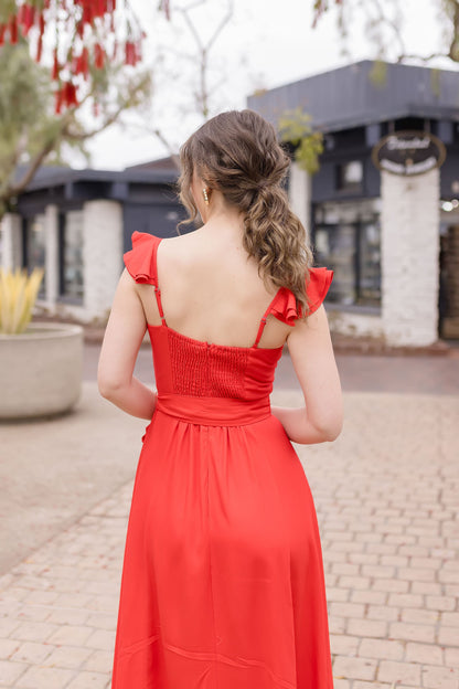 Lizette Flutter Sleeve Waist Tie Maxi Dress Red