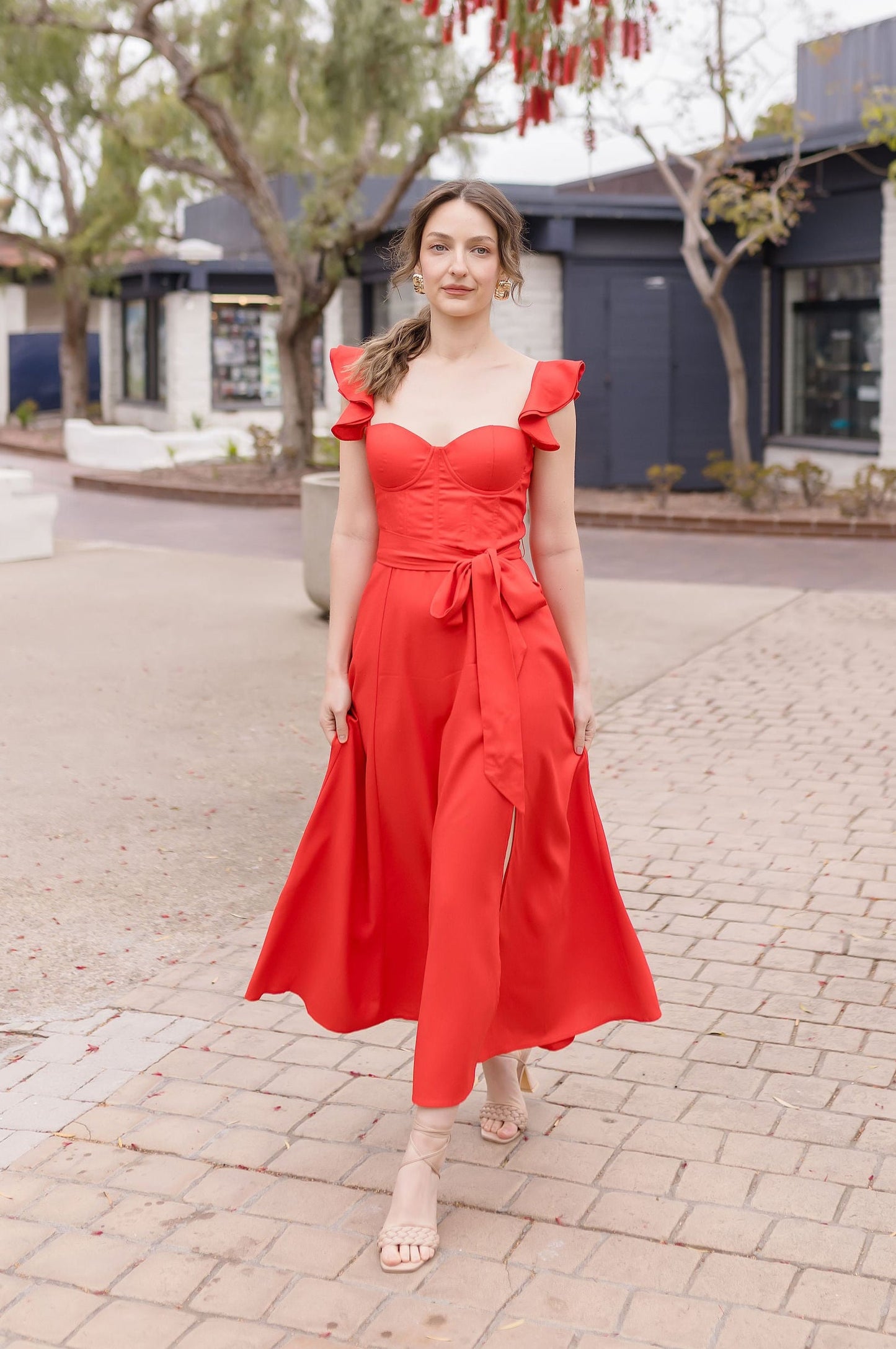 Lizette Flutter Sleeve Waist Tie Maxi Dress Red
