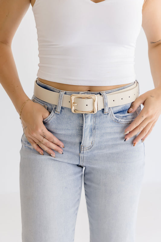 Diana Rectangle Metal Buckle Vegan Leather Belt Khaki