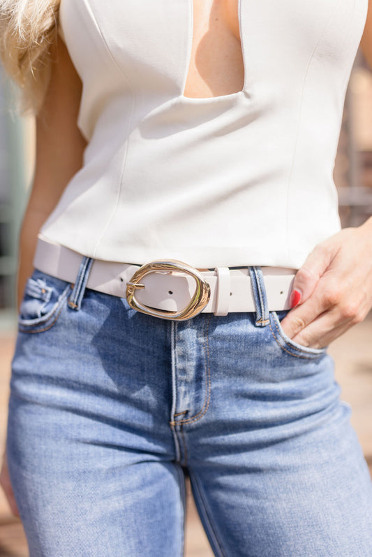 Morgan Oval Metal Buckle Vegan Leather Belt White