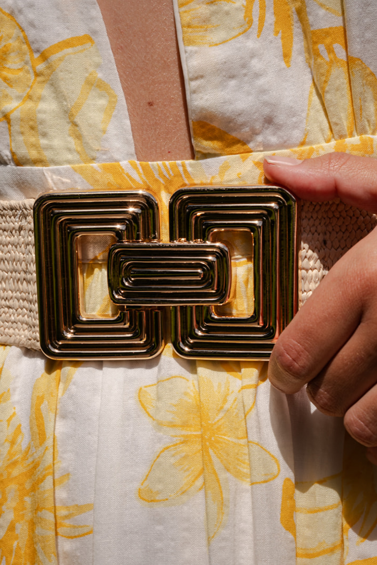 Courtney Large Metal Buckle Woven Belt Ivory