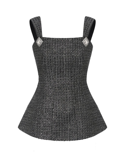 Annabella Textured Woven Black & Silver Bow Top