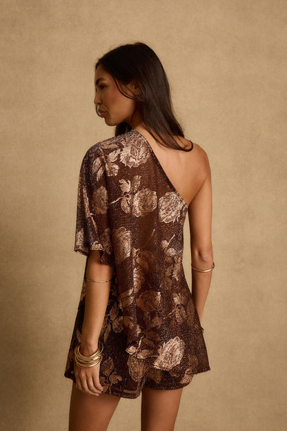 Anya Mocha Floral One Shoulder Top