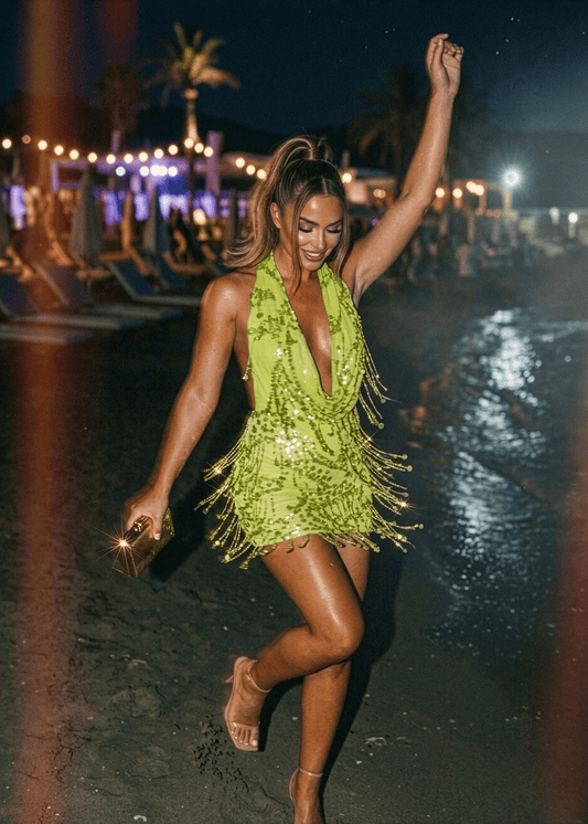 New Vibrations Cowl Tassel Mini Dress - Green