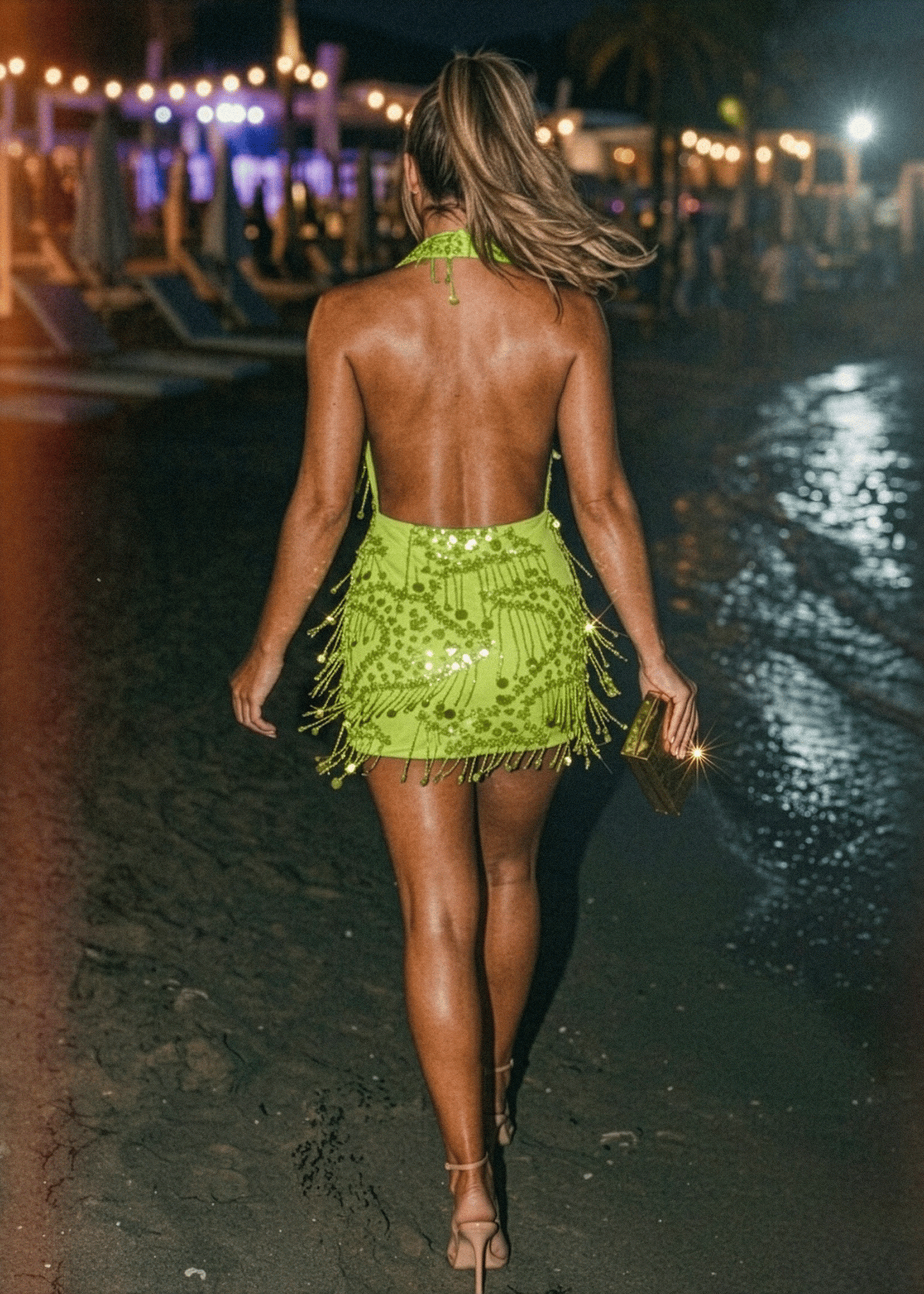 New Vibrations Cowl Tassel Mini Dress - Green