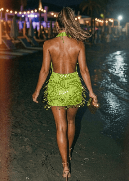 New Vibrations Cowl Tassel Mini Dress - Green