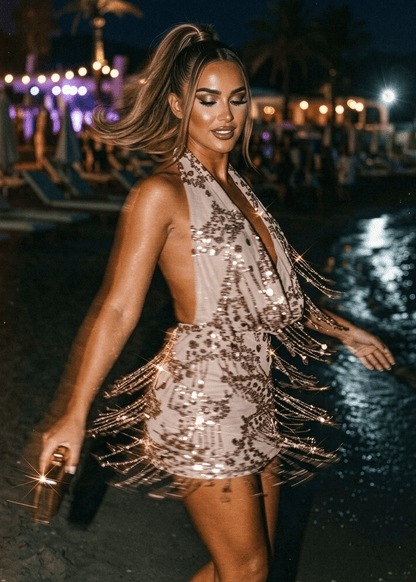 New Vibrations Cowl Tassel Mini Dress - Brown