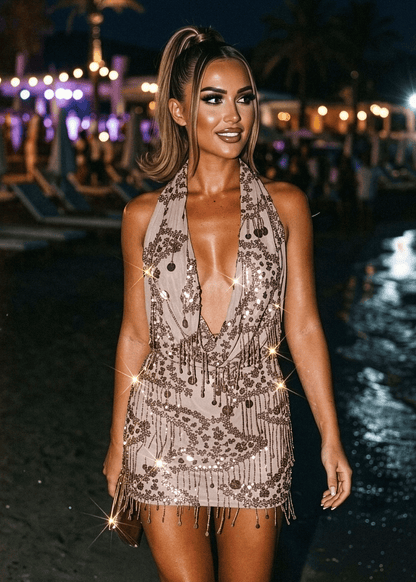 New Vibrations Cowl Tassel Mini Dress - Brown