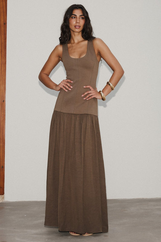 Linen Mix Dropped Waist Maxi Dress