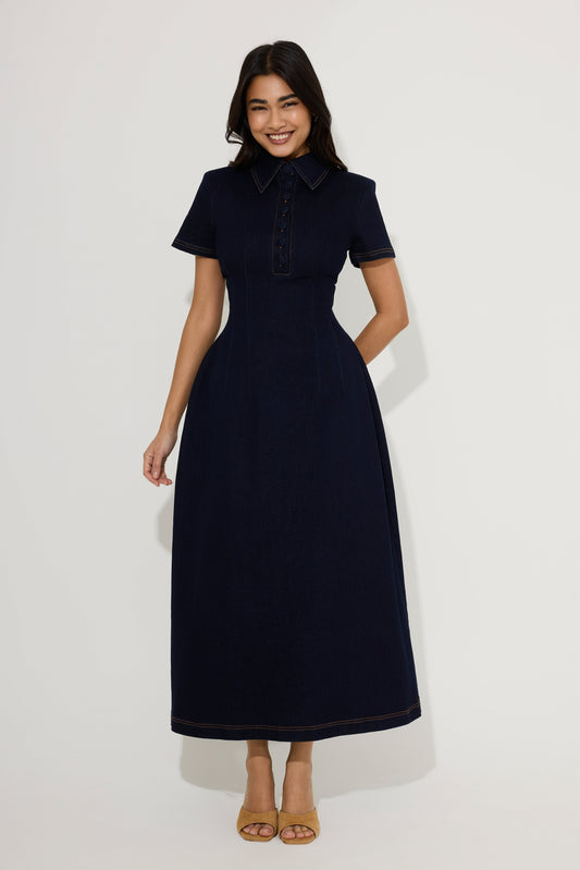 Cotton Mix Denim Collared Midi Dress