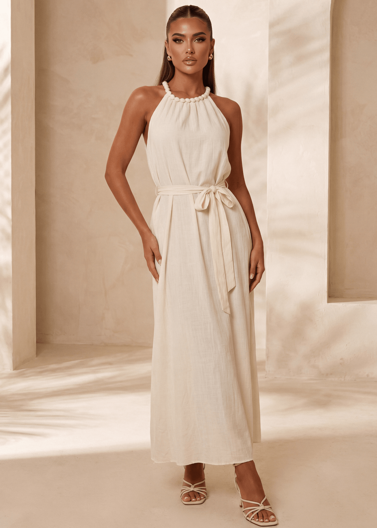 One More Day Floaty Tie Detail Maxi Dress - Beige
