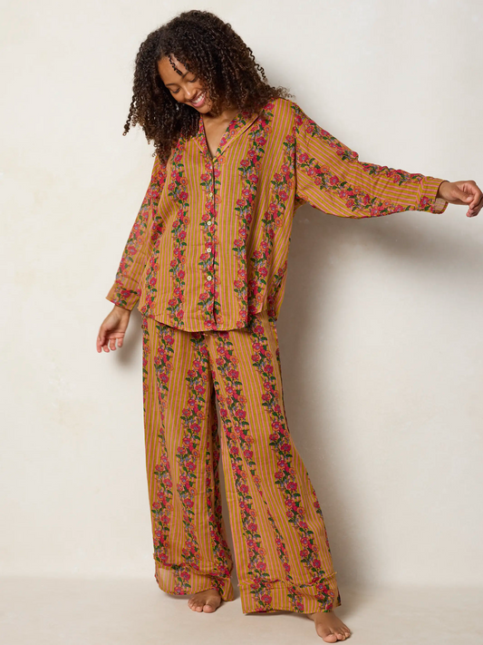 Dreamy Cotton Pajama Set - Pink Floral Stripe