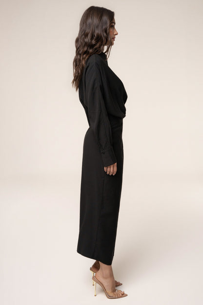 Black Skyline Wrap Midi Dress