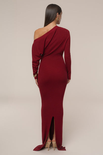 Red Night Shimmers Asymmetrical Maxi Dress