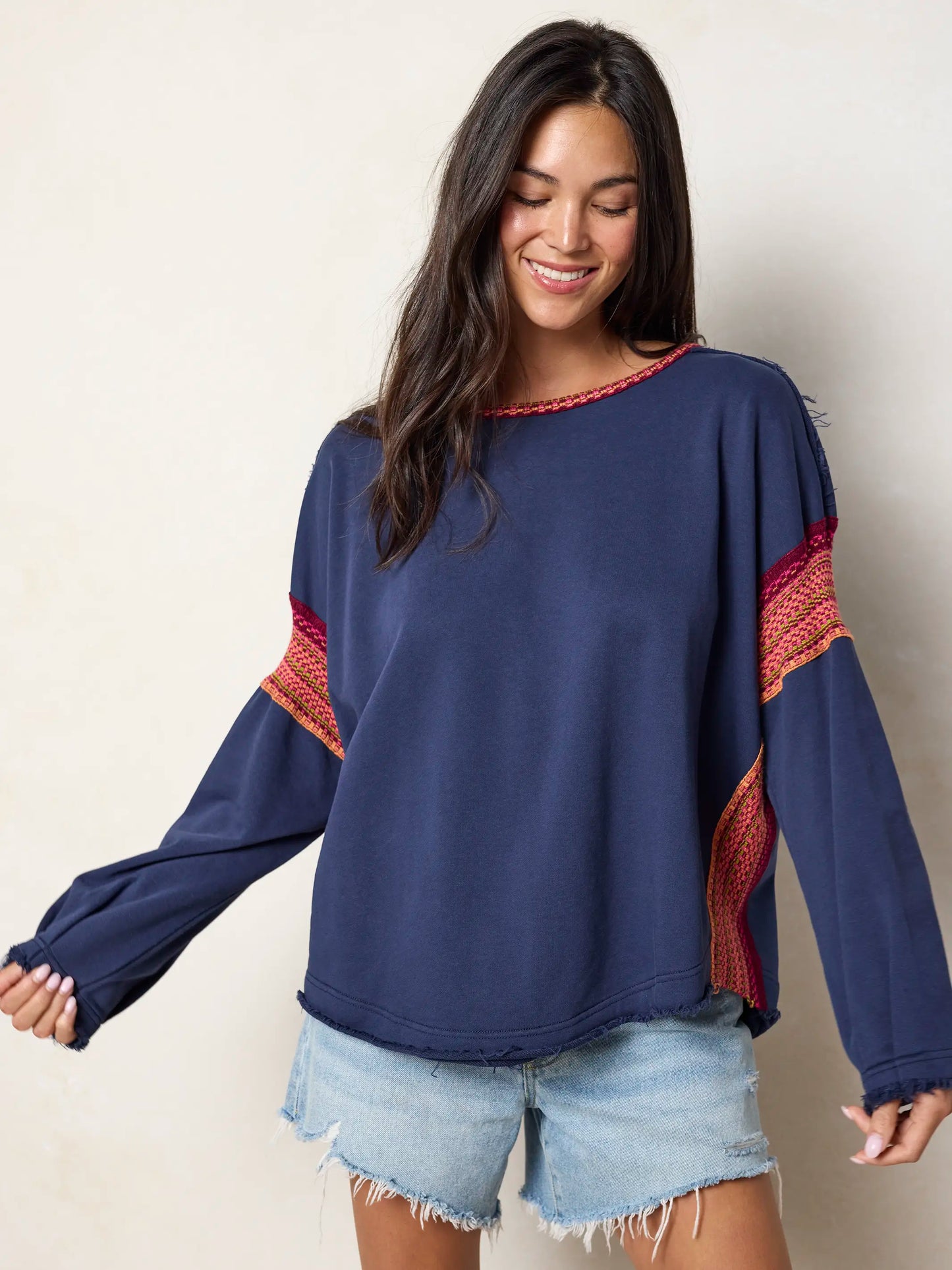Knit Trim Sweatshirt - Navy