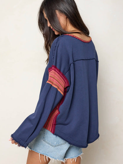 Knit Trim Sweatshirt - Navy