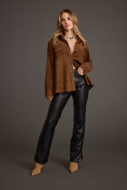 Rustic Pines Brown Suede Button Down Top