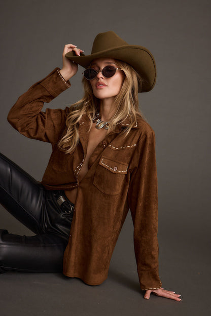 Rustic Pines Brown Suede Button Down Top