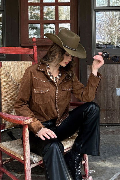 Rustic Pines Brown Suede Button Down Top