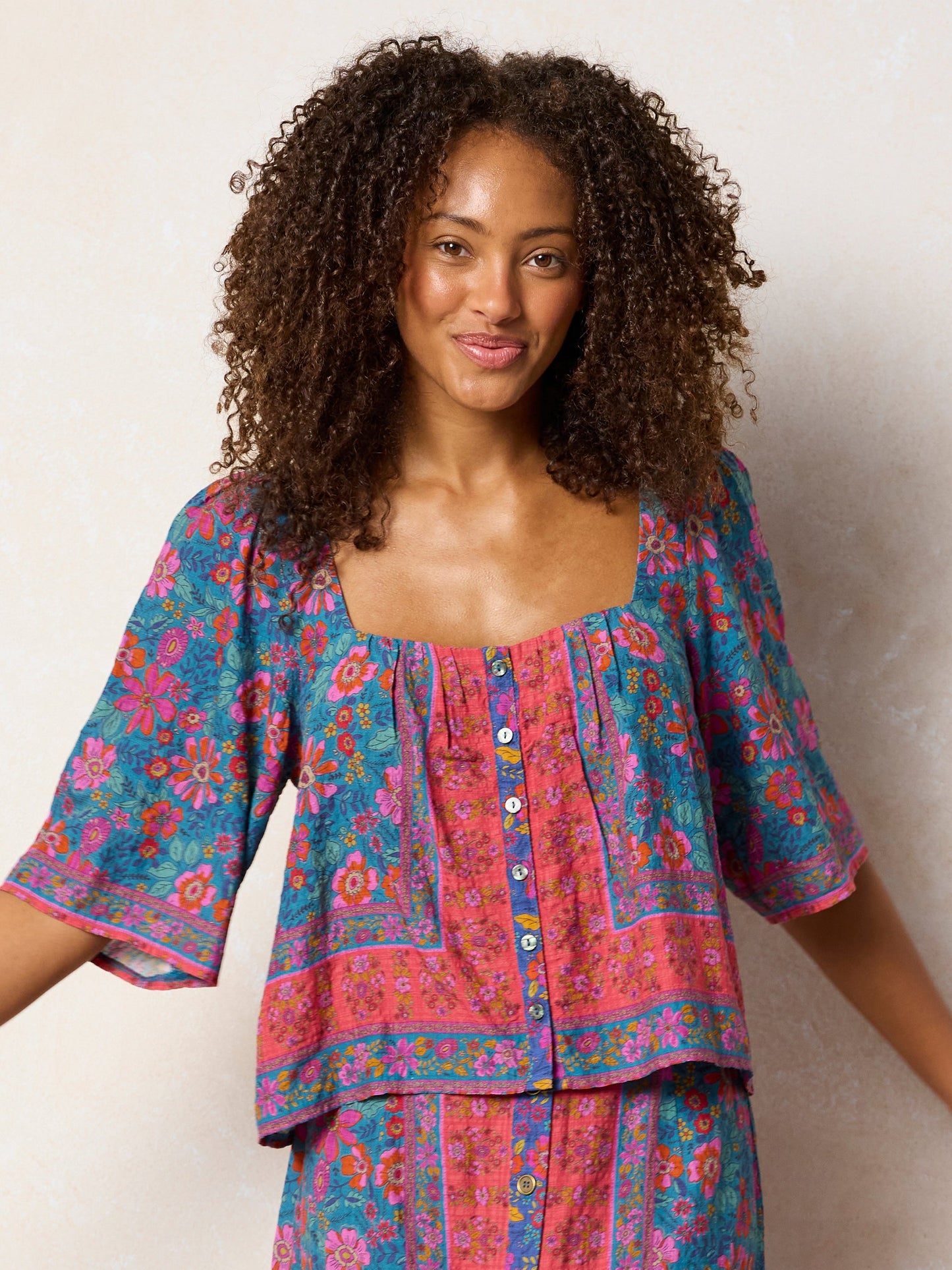 Kalli Top - Teal Boho Border Scarf